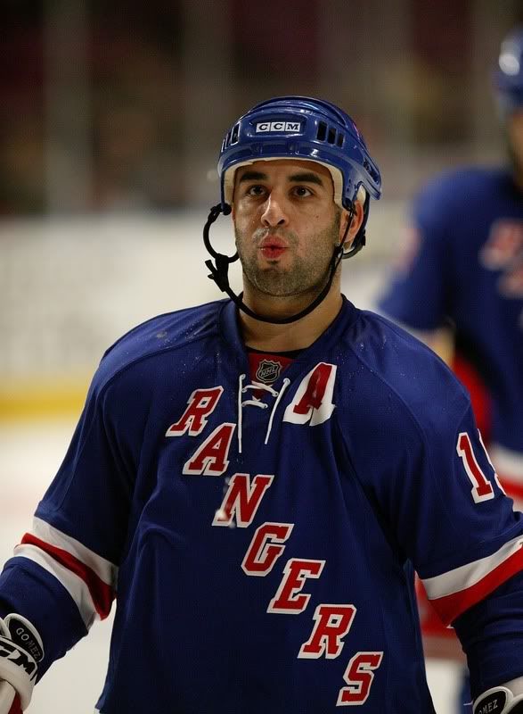 Scott Gomez #19 waits for a faceoff against the Philadelphia Flyers during preseason action on September 22, 2007 at Madison Square Garden