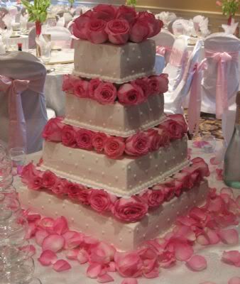 Square wedding cake roses romantic pink